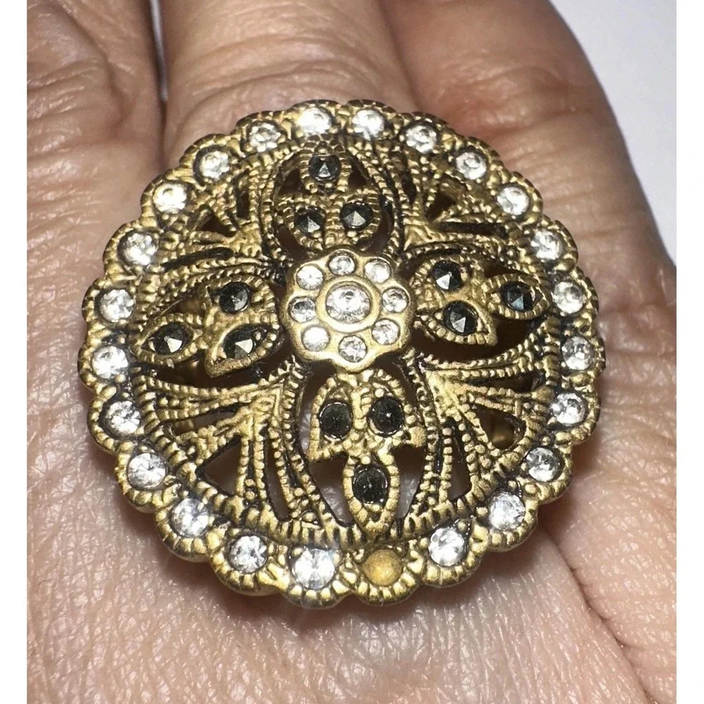 Filigree Shield Gold Tone CZ & Marcasite Rhinestone Cocktail Ring Sz 6 Statement